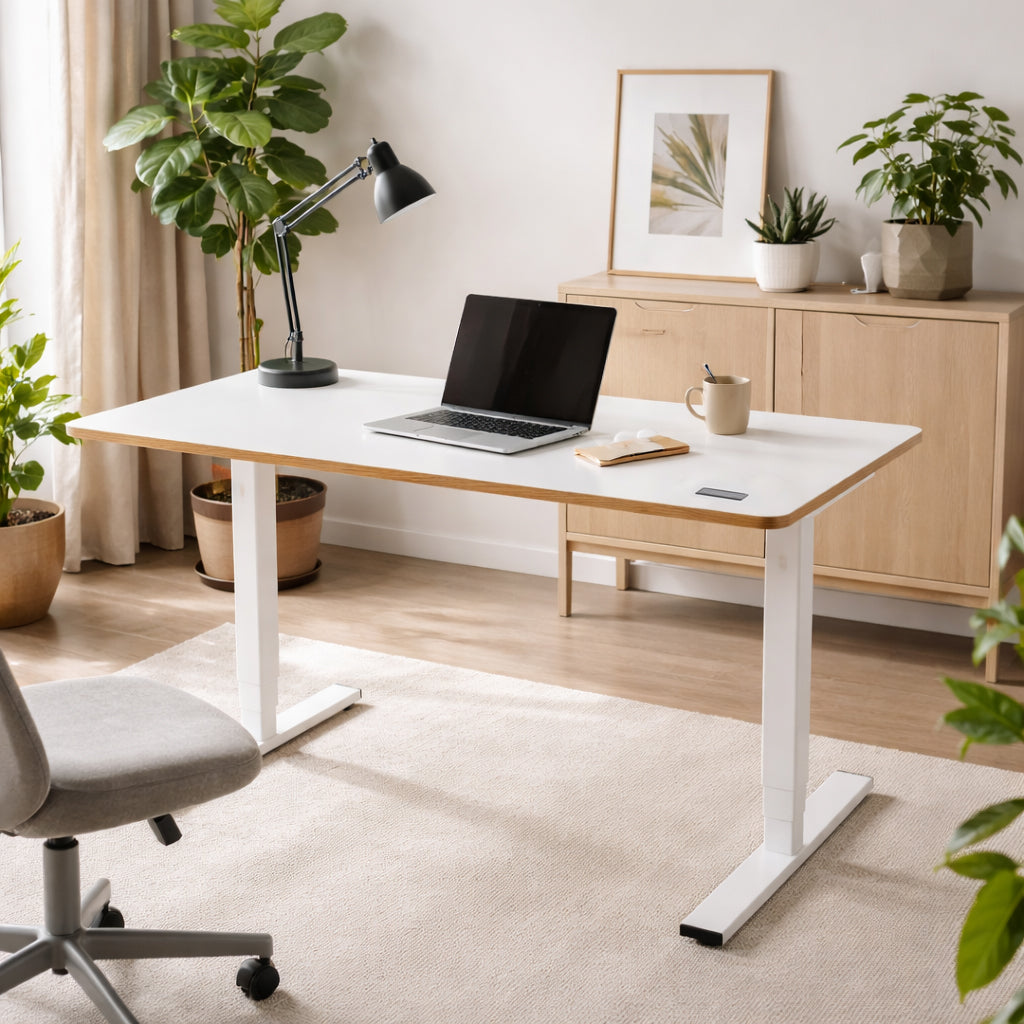 Höhenverstellbarer Schreibtisch, Nanuk Woodline Kollektion – MALOJA DESK, Eiche Echtholz weiss