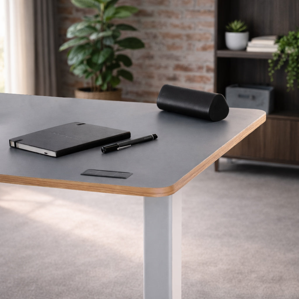 Höhenverstellbarer Schreibtisch, Nanuk Woodline Kollektion – CAUMA DESK, Eiche Echtholz grau